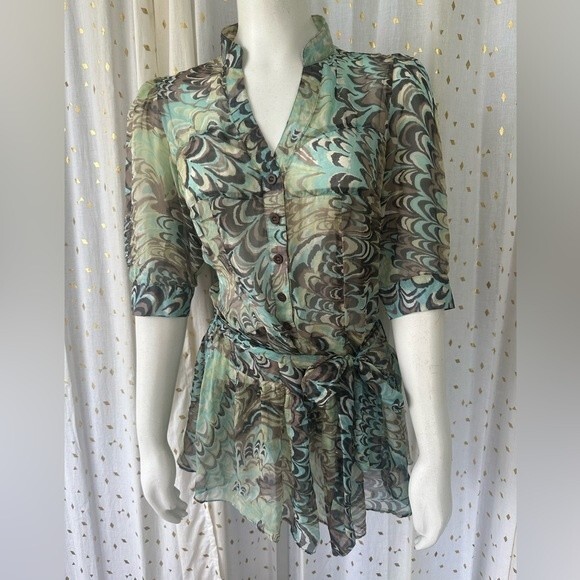 Sugar Lips Women's Sheer Swirly Watercolor Artsy Art Deco Retro Blouse Top XS - Picture 2 of 4